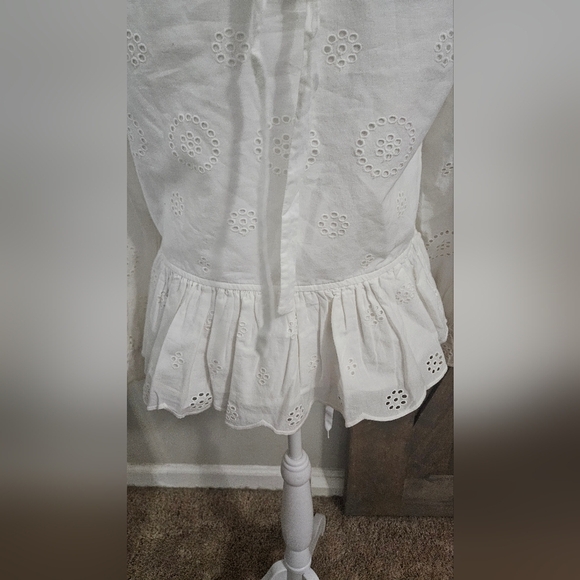 CROWN & IVY Lace Eyelet Ruffled Peplum Blouse In White. Size SP NWT - Picture 11 of 12
